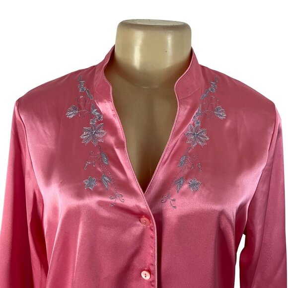 Morgan Taylor Luxurious Pink Satin Floral Embroidered Pajama Set Sz L - New - Picture 12 of 16